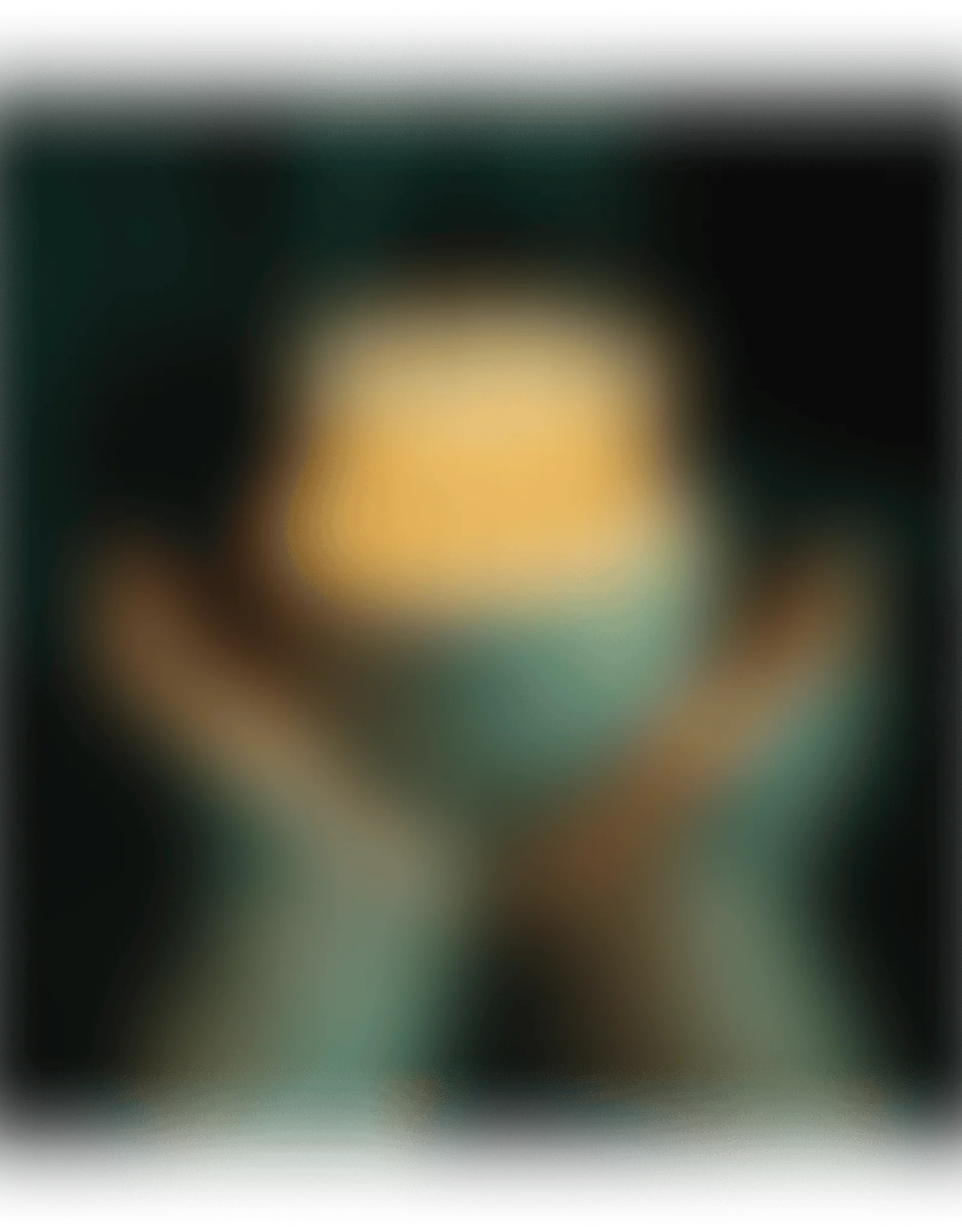 Two hands holding an orange glowing object in a dark, blurry setting.
