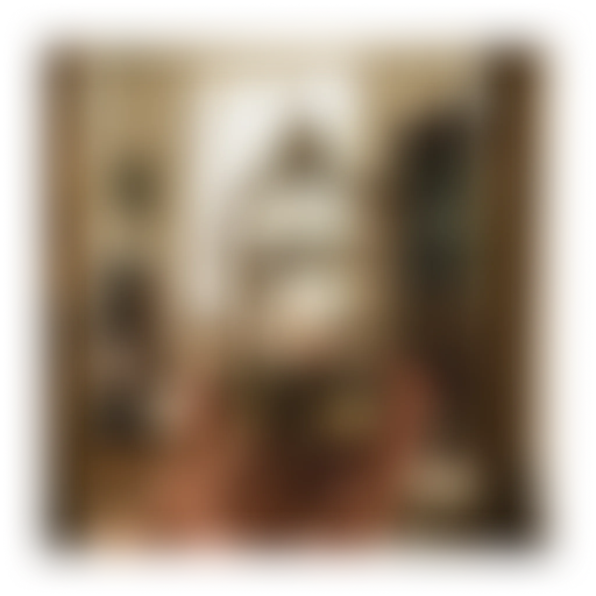 A blurry, dark background with faint, undefined shapes and warm lighting.