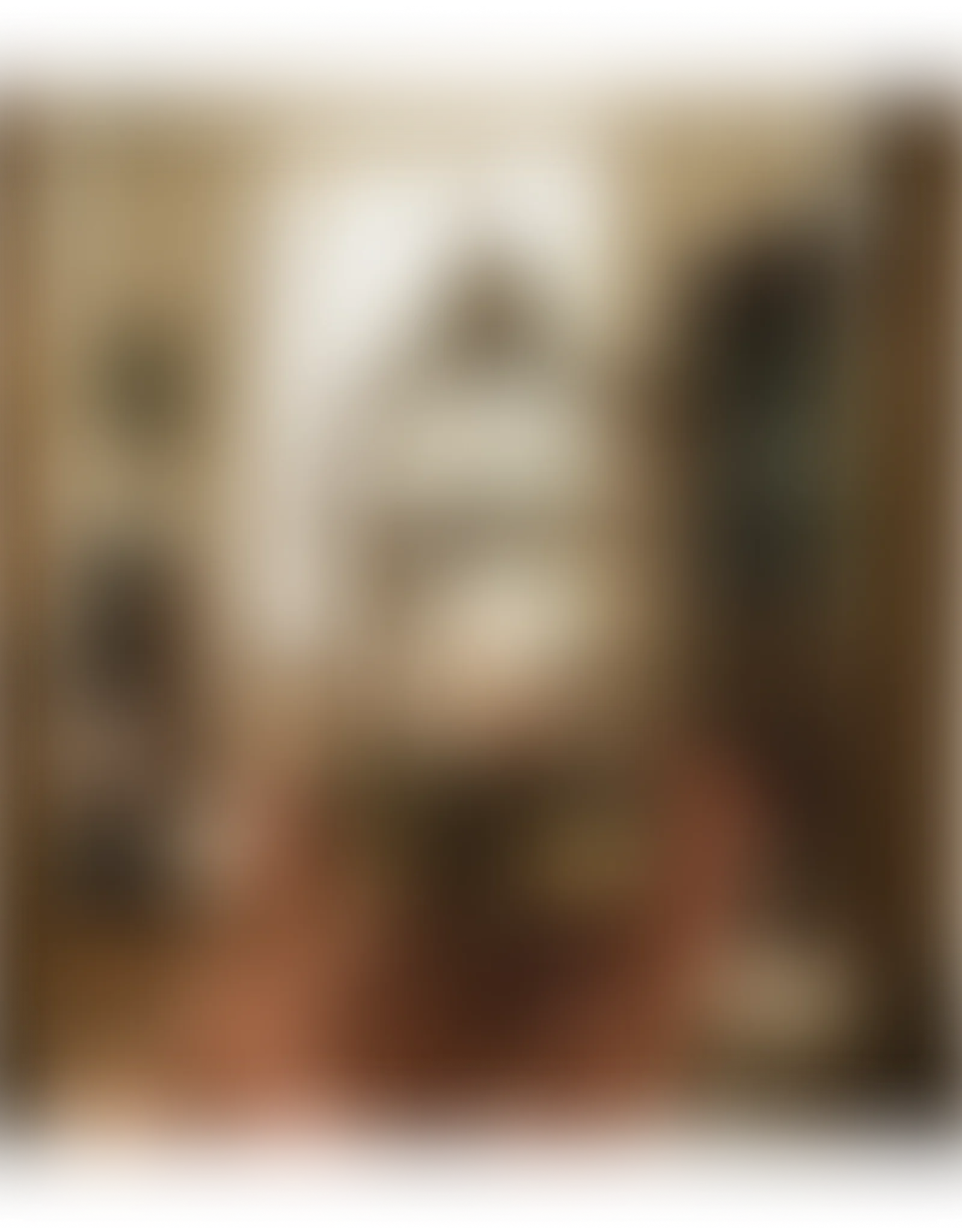 A blurry, dark background with faint, undefined shapes and warm lighting.
