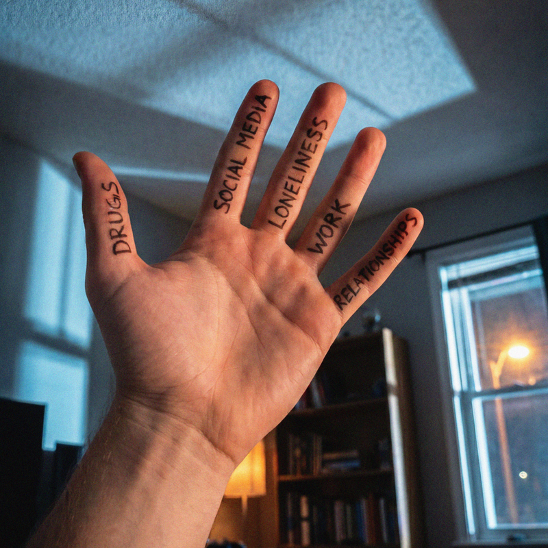 Hand with "Drugs," "Social Media," "Loneliness," "Work," and "Relationships" written on fingers.